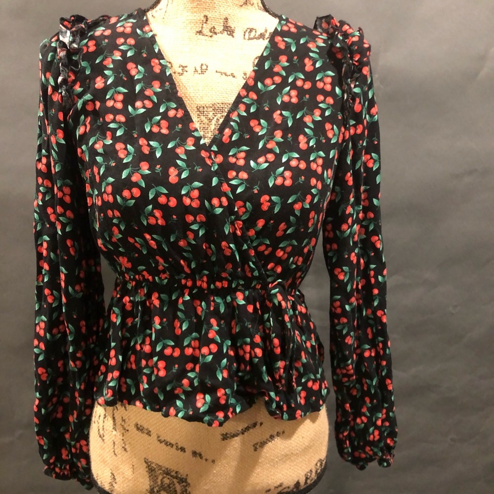 Cherry Pattern V-Neck Blouse